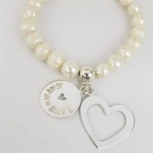 Sterling Silver Heart and Disc Pearl Bracelet