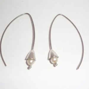 Sterling Silver Bell Hanging Earrings with White Freshwater Pearls
