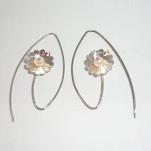 Sterling Silver Flat Flower Hanging Earrings with White Freshwater Pearls