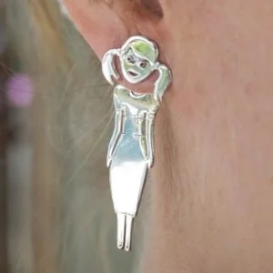 Sterling Silver Hanging Lady 2 Pig Tails Stud